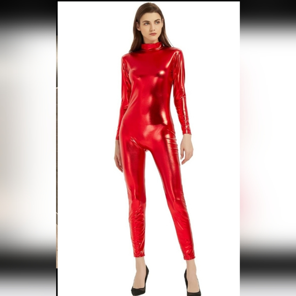 Red Metallic Women's Long Sleeve Jumpsuit